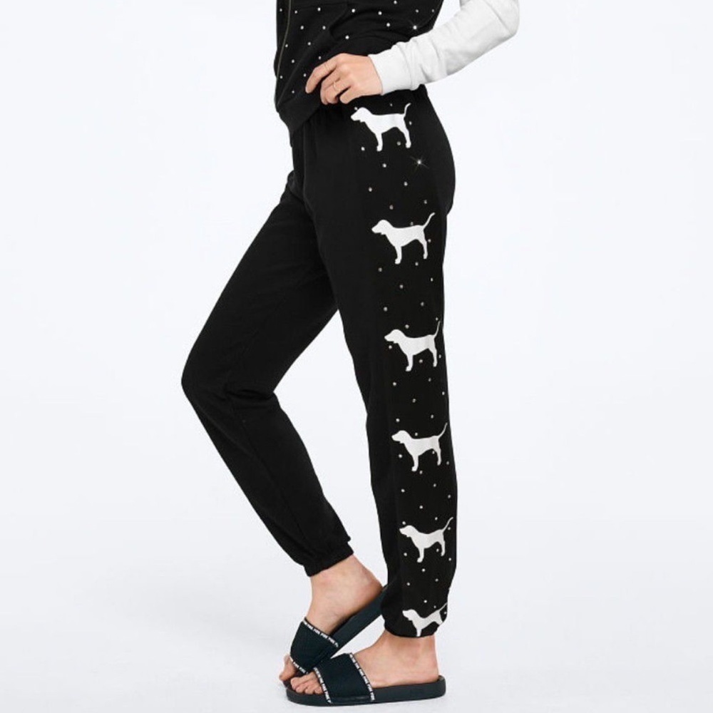 VS PINK Bling Rhinestone Classic Jogger Pants White Pups Size XS